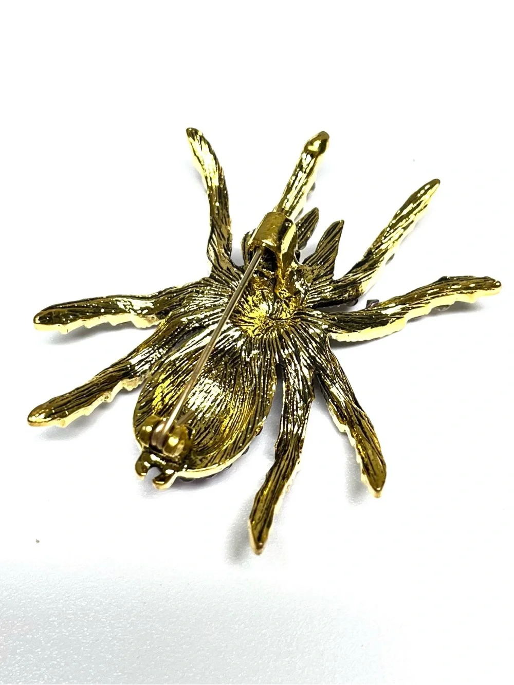 Brooch Spider NIP Crystal in Burgundy and Lavender, deep gold tone base, 1.75”L